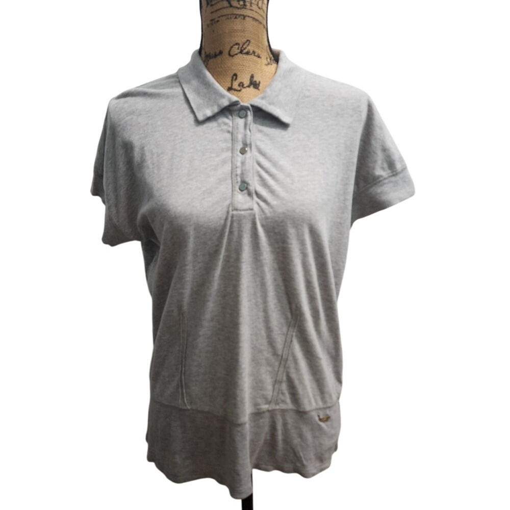 Anne Klein Sport Polo Shirt Top Heather Gray Button Up Short Sleeve XL